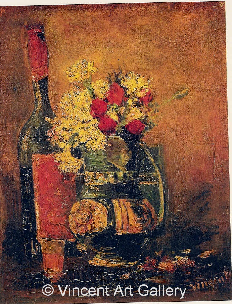 JH1133, Vase with Carnations and Roses and a Bottle